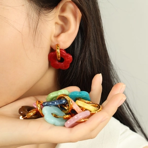 Fashionable titanium steel flower drop hoop earrings in various vibrant dopamine colors