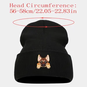 Size chart for black knit beanie featuring 56-58cm head circumference with dog patch