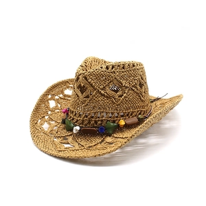 Vintage brown woven cowboy hat with colorful beads and hollow diamond pattern for beach