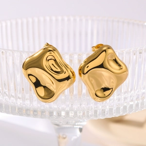 Minimalist gold plated stainless steel square stud earrings with liquid metal texture