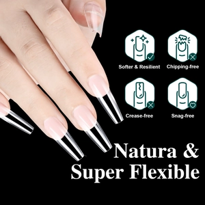 Macro detail showing ultra-flexible coffin nail tips with crease-free bending technology
