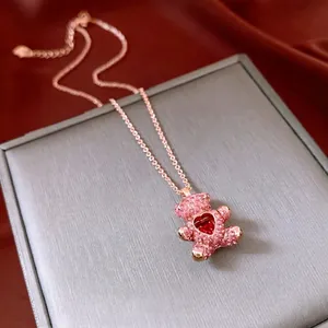 French style teddy bear necklace with pink zircon and red heart stone in rose gold