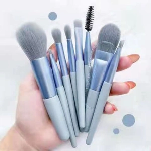 Portable 8-piece professional makeup brush set with blue handles and soft synthetic hair
