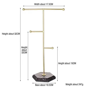 3-tier gold metal jewelry stand with black marble base for necklace and ring display