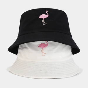 Flamingo Embroidery Cotton Bucket Hat Sun Protection Breathable Outdoor Beach Vacation Summer Cap For Women