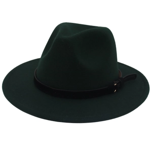 Detail of dark green wool fedora hat with black leather belt and small metal buckle