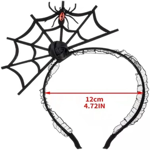 Close-up of Halloween headband with black rose, lace spiderweb and red gem spider detail