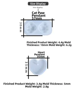 Detailed dimensions of cat paw and heart shaped silicone molds for DIY resin casting