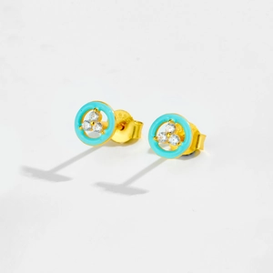 Detailed macro view of 925 sterling silver gold stud with turquoise enamel and tiny gems