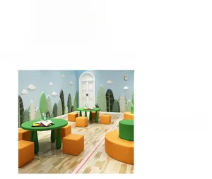 Macro detail of vibrant green circular play table and soft padded stools for kids rooms
