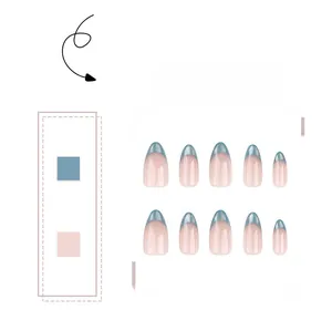 Detailed set of 10 almond shaped press-on nails with blue glitter French tips on nude base