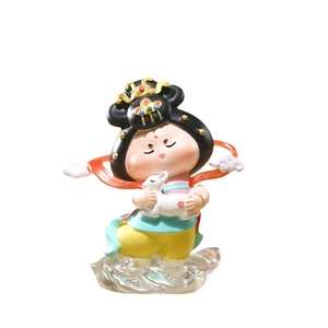 Cute Dunhuang Flying Goddess figurine holding a rabbit on a stylized cloud base