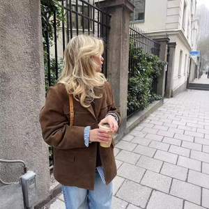 Retro oversized brown faux suede jacket for women featuring notch lapel and flap pockets