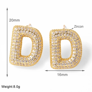 Detail showing letter D gold stud earring with zircon inlay and dimensions 20mm by 16mm
