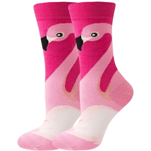 Pink flamingo knitted mid-calf socks for women featuring colorful bird pattern art