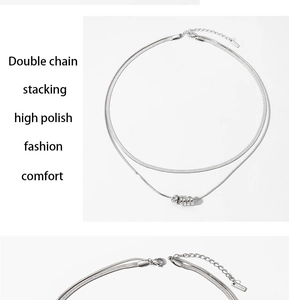 Detail of silver double layer stacking necklace with S.Steel lobster clasp and extender chain