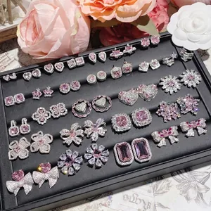 Pink Zircon Stud Earrings Plated Copper Heart Bow Geometric Jewelry For Women Elegant Luxury Sweet Romantic Gift