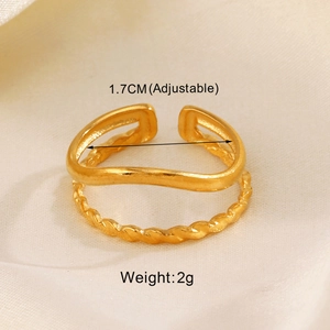 Detail view of gold 18K plated stainless steel ring with dual texture layers and dimensions
