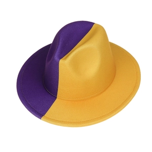 Detail view of the purple and yellow two-tone wool felt fedora with a wide brim style