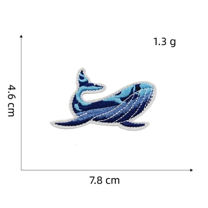 Blue whale embroidery patch with size details showing 4.6cm height and 7.8cm width