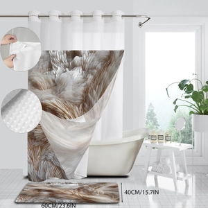 Detail showing 3D feather texture bathroom set with shower curtain and non-slip floor mat