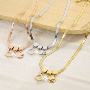 Stainless Steel Necklace And Bracelet Jewelry For Women Snake Bone Chain Heart Artificial Pearl Angel Tree Of Life Pendants Elegant