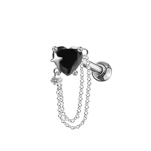 Boucle d'oreille cœur en acier inoxydable avec zircon rose, chaînes et détail d'étoile