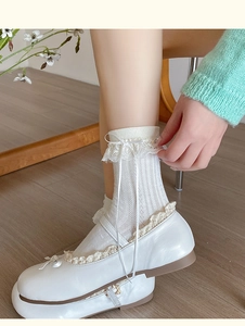 Detail of white lace mid-calf socks with ribbon bows and vertical knit texture