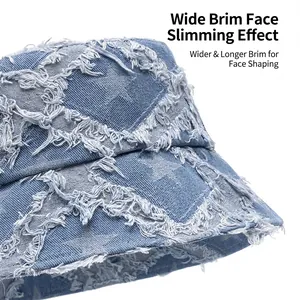 Blue denim bucket hat with frayed star patterns and a wide brim for outdoor sun protection