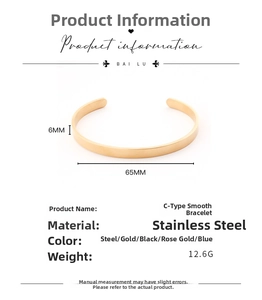 Detailed view of 6mm gold stainless steel C-shape cuff bracelet with polished finish