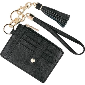 Slim black leather card holder with wrist strap and tassel, gold-tone hardware