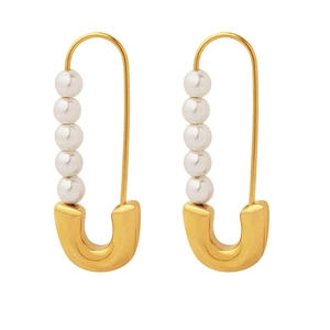 18K gold plated paperclip earrings with five white pearls in a modern minimalist style