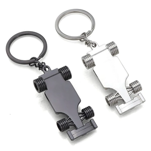 F1 racing car metal keychain set in black and silver zinc alloy with smooth finish