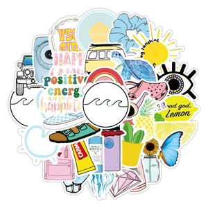Detailed pile of colorful waterproof VSCO stickers with diverse summer and nature patterns