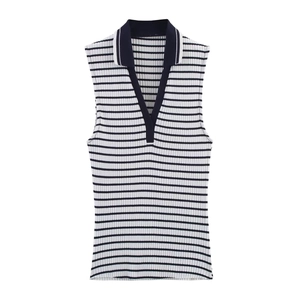 Slim fit sleeveless ribbed polo shirt with navy and white stripes and a classic V-neck collar