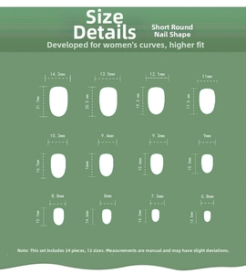 Size chart showing dimensions for 24pcs short round Christmas press-on nails