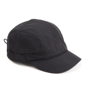Detail of black ripstop quick-dry short brim hat with five-panel design and elastic strap