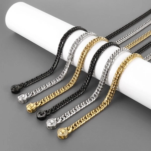 Cuban Link Necklace And Bracelet Stainless Steel Men Hip Hop Trendy Round Rhinestone Clasp Curb Chain Jewelry