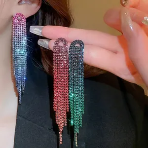 Colorful rhinestone long tassel earrings with sparkling gradient fringe for party wear