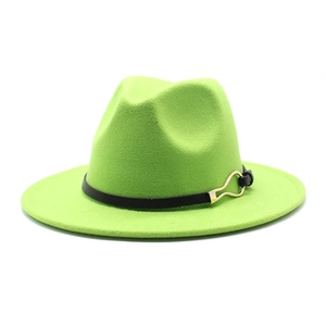 Detail of bright green wool fedora hat featuring black leather band and gold metal buckle