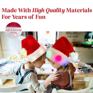 Detail showing kids wearing glowing LED Christmas hats with soft stretchy lining