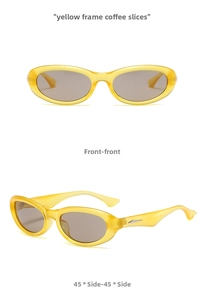 Front and side view of oval jelly yellow sunglasses with brown lenses and metal accent