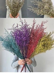 Detailed collage of colorful dried Limonium bouquets in blue, purple, pink and yellow hues