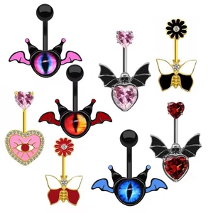 Gothic Bat Wings Devil Eye Belly Ring Zinc Alloy Rhinestone Heart Butterfly Skull Piercing Jewelry For Women Punk Style