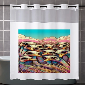 Detail of waterproof bathroom curtain with colorful artistic ostrich prints and hanging rings