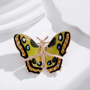 Fashionable golden enamel butterfly brooch with green and yellow wing patterns for women