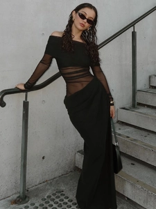 Chic black off-shoulder mesh dress with long sleeves and hollow-out detailing for women