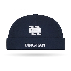 Navy blue docker hat with white DINGHAN embroidery and geometric logo on twill cotton