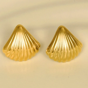 Detail of gold shell earrings featuring elegant 18k gold plated 304 stainless steel