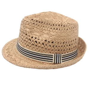 Classic hollow straw Fedora cowboy hat with striped ribbon on plain white background